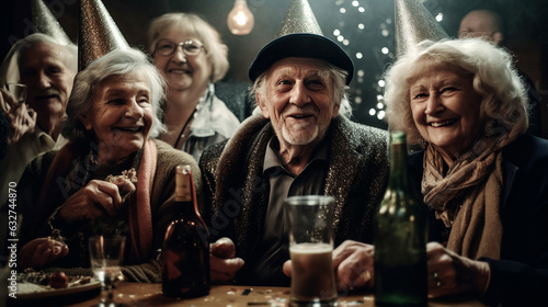 senior friends in their 70s having fun at New Year party