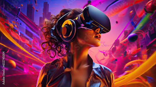 young girl with vr glasses in cyberspace, neon background