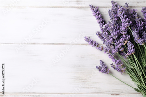 Vibrant Lavender over White Wooden Table - Captivating Backdrop with Copy Space  Created with Generative AI Tools