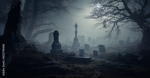 Fényképezés Night scene in a cemetery with gravestones
