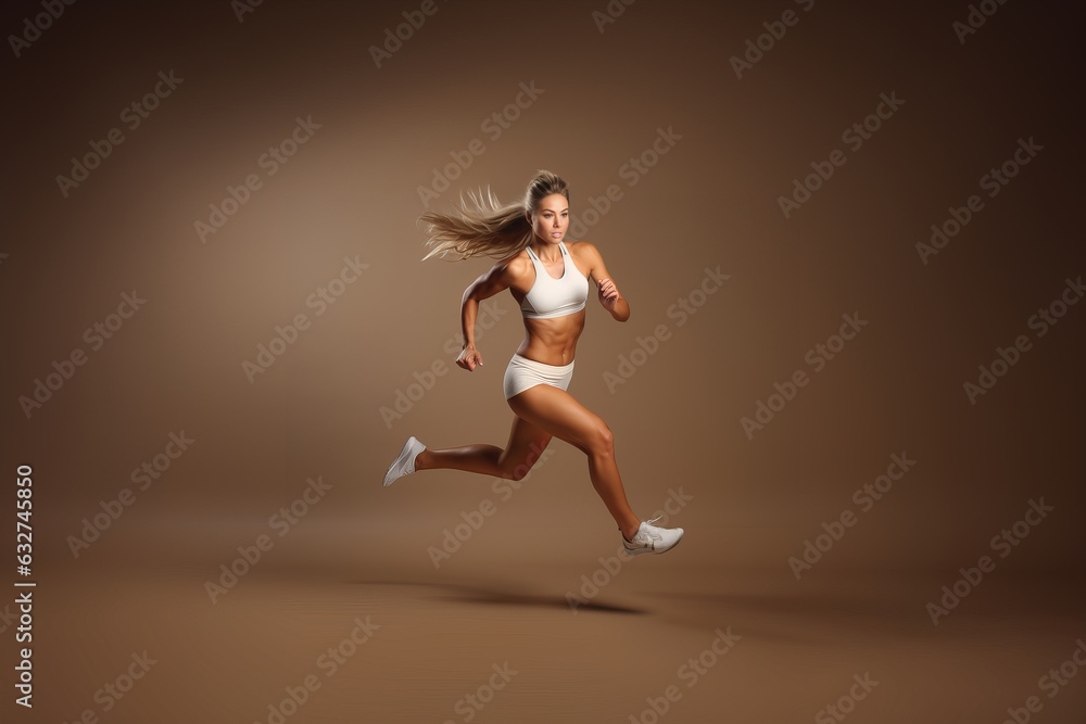 a strong sporty caucasian female athlete runner in shorts and sport top posing in a studio, beige background