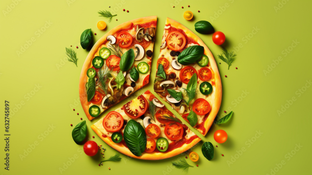 Vegan pizza top view on colored background. Super healthy sliced vegetarian pizza with mushrooms, vegan cheese, tomato sauce, red onion, jalapeno pepper & fresh basil. Sliced Pizza banner, copy space