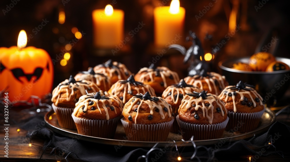 Halloween cupcakes with chocolate on a tray on a background with Halloween decorations in blur. Halloween holiday.