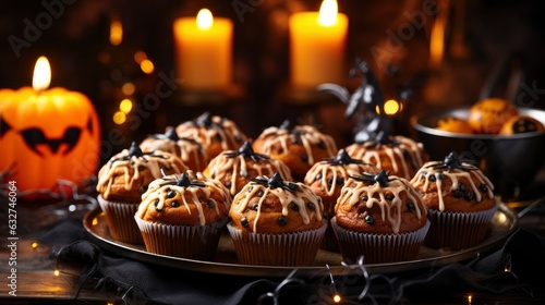 Halloween cupcakes with chocolate on a tray on a background with Halloween decorations in blur. Halloween holiday. © Andrey
