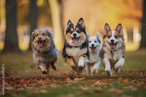 Group of puppies running and playing in the park, generative ai