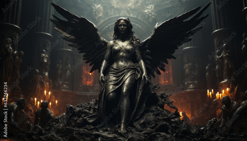 Statue of a holy angel with dark wings on a pedestal in a temple. Made in AI Statue of a holy angel with dark wings on a pedestal in a temple. Made in AI