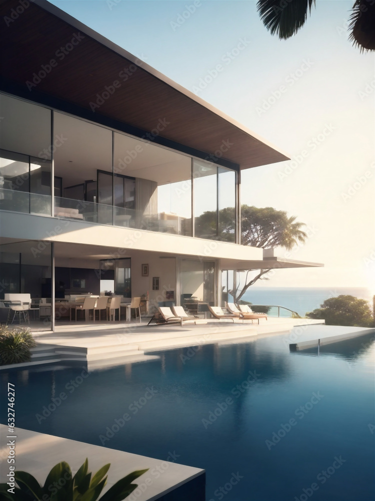 Fototapeta premium Modern luxury villa at sunset Private house with infinity pool
