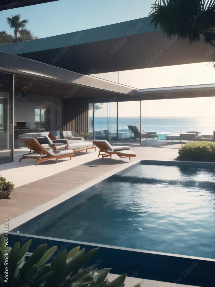 Fototapeta premium Modern luxury villa at sunset Private house with infinity pool