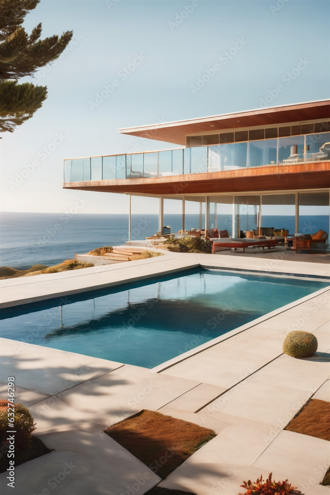 Fototapeta premium Modern luxury villa at sunset Private house with infinity pool