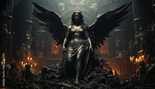 Statue of a holy angel with dark wings on a pedestal in a temple. Made in AI