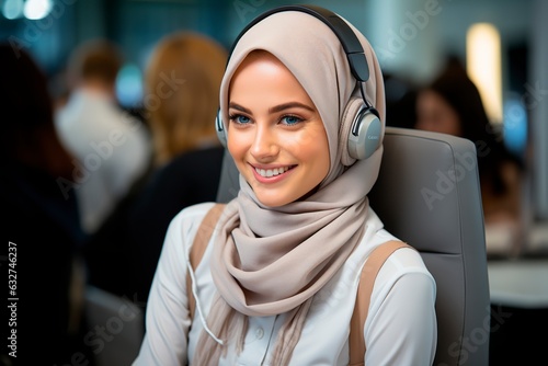 A girl in a hijab with a headset working in a call center. Muslim woman in a call center wearing headphones and working at a computer.