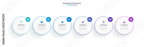 Timeline infographic with infochart. Modern presentation template with 6 spets for business process. Website template on white background for concept modern design. Horizontal layout.