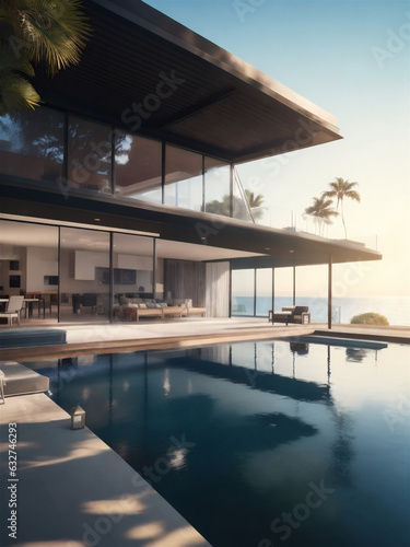 Modern luxury villa at sunset Private house with infinity pool © Frozen Design