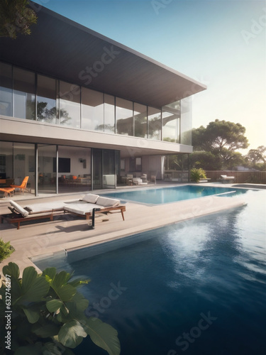 Modern luxury villa at sunset Private house with infinity pool © Frozen Design