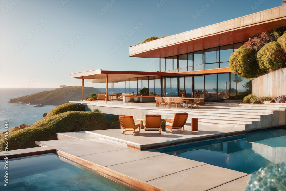 Fototapeta premium Modern luxury villa at sunset Private house with infinity pool