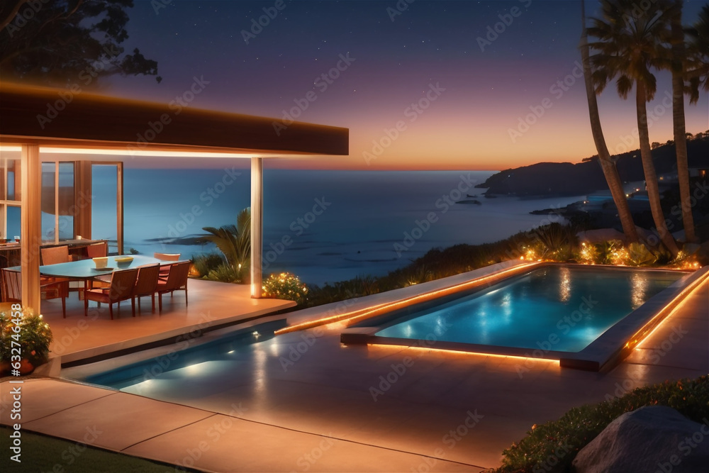 Fototapeta premium Modern luxury villa at sunset Private house with infinity pool