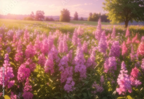 Summer flower meadow wildflower field pink with morning sunlight © Jasmine