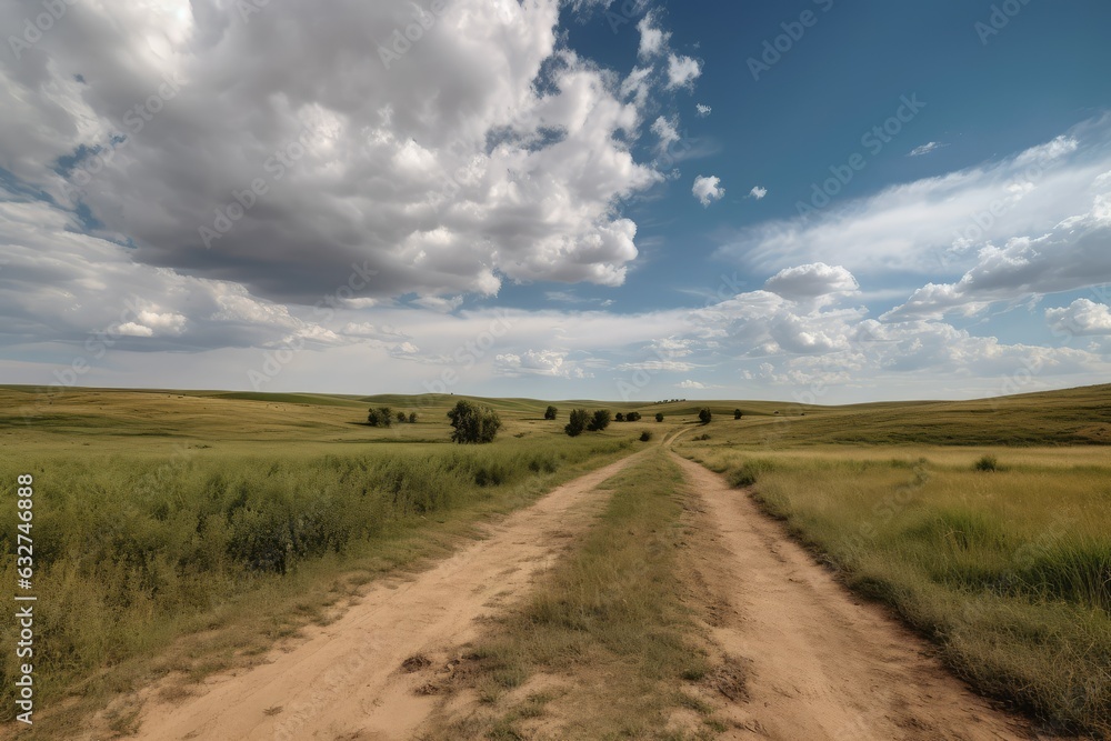 Scenic view of dirt road and grassy field, generative AI

