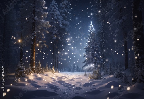 Snow falling at night in a snowy dark forest with lights and stars © Jasmine