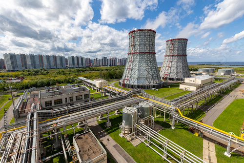 Russia. Saint-Petersburg. View of the equipment of the thermal power plant. Cooling towers.
