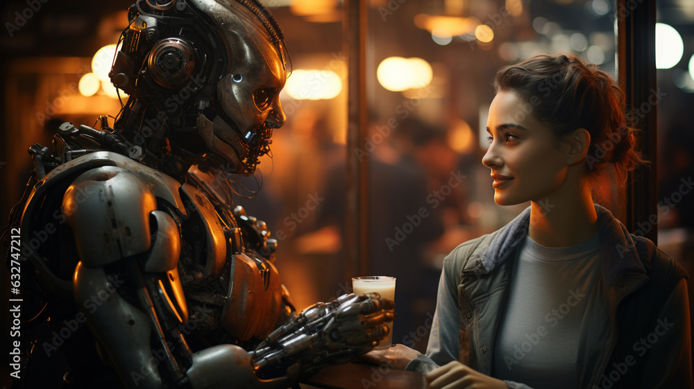 smiling girl in a suit with a robot in a technocafe smiling girl in a suit with a robot in a technocafe