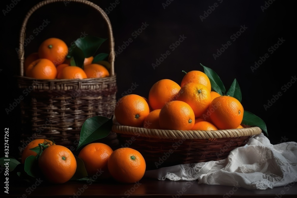 Still life with tangerines and fruits in a basket