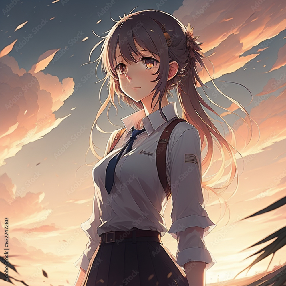 A cute anime girl with long hair and a skirt with a bow on her head . AI Generative A cute anime girl with long hair and a skirt with a bow on her head . AI Generative
