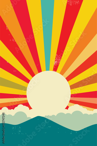 Colorful vintage travel poster with rays of the setting sun, clouds and the mountains. Vector image, retro colors