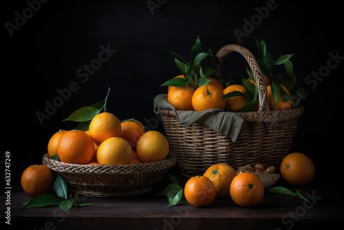Still life with tangerines and fruits in a basket, AI generated