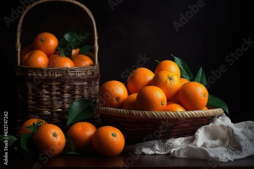 Still life with tangerines and fruits in a basket