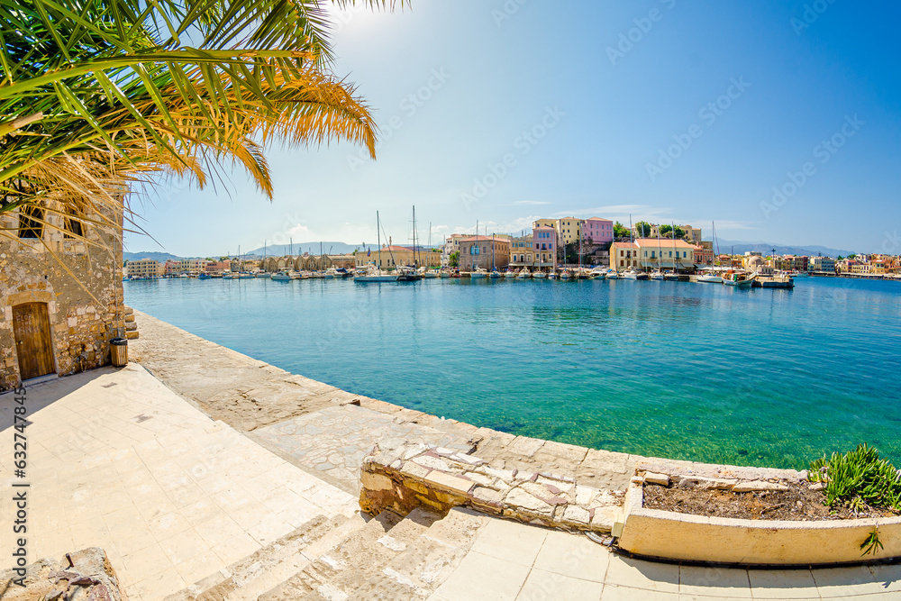 View of old Venetian Port of Chania. Landmarks of Crete island in Greece.