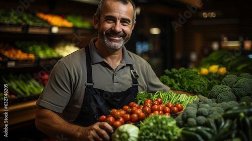 smiling senior man with basket full of vegetables