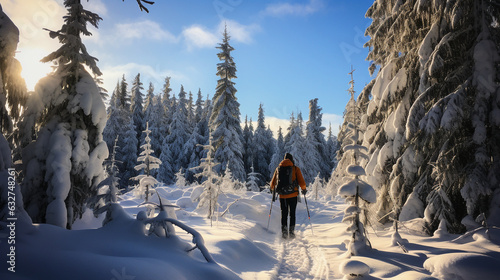 Explore the beauty of a winter forest on snowshoes, leaving tracks in the untouched snow as you discover the hidden treasures of nature 