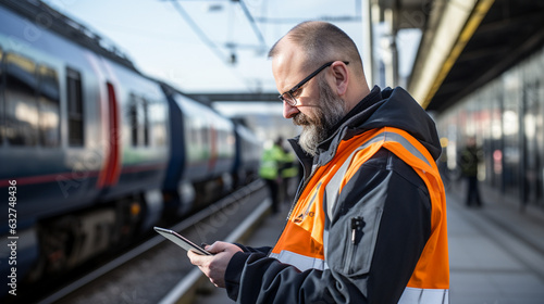 An engineer employs a tablet device to examine and assess the path of a networked train information system prior to authorizing the departure of the train from a significant statio  photo