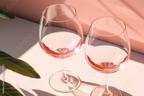 Fototapeta Naklejka Na Ścianę i Meble -  Two glass with rose wine on light pink background. Wineglasses. Summer drink for party, wine shop or wine tasting concept. Date or romantic dinner. Copy space
