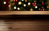 wooden table with christmas background