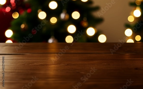 wooden table with christmas background