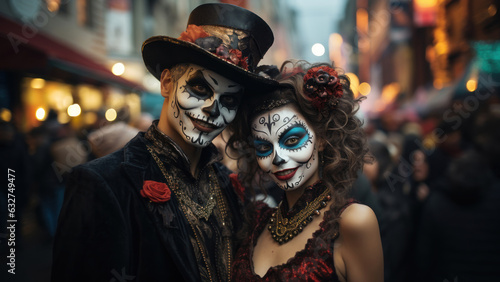 Young couple dressed up in Halloween costume. A man and a woman went to a Halloween party in spooky makeup and creations. Generated Ai