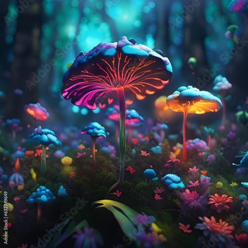 Fluorescent magic mushrooms on a dark background, illustration in sketch style, created with AI generative tools