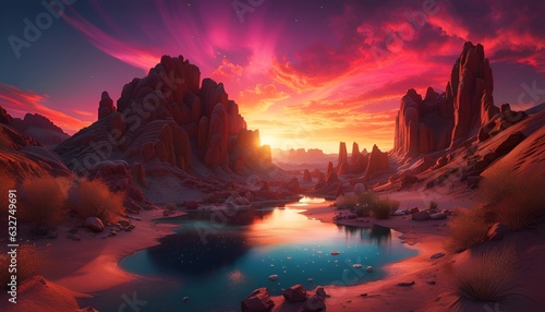 Colourful alien planet with rocks and the red sky reflecting in a lake at sunset, created with Ai generative tools
