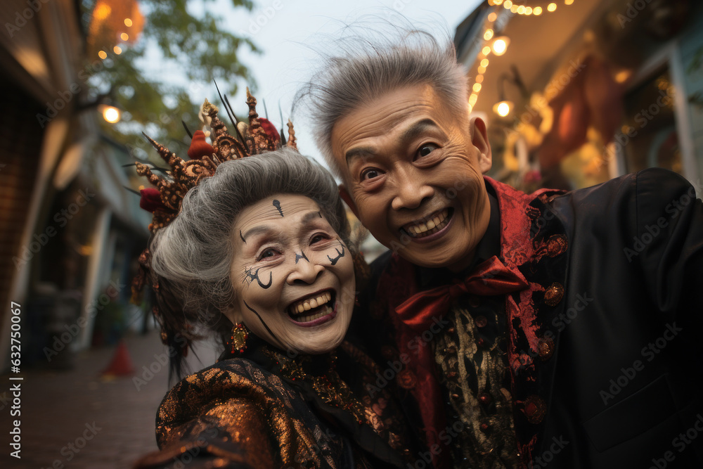 Biracial Senior couple dressed up in Halloween costume. A man and woman went to a Halloween party in spooky creations and make up. Dia de Muertos. Celebration of Mexico's Day of the Dead. Generated Ai Biracial Senior couple dressed up in Halloween costume. A man and woman went to a Halloween party in spooky creations and make up. Dia de Muertos. Celebration of Mexico's Day of the Dead. Generated Ai