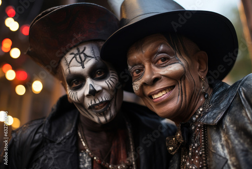 Biracial Senior couple dressed up in Halloween costume. A man and woman went to a Halloween party in spooky creations and make up. Dia de Muertos. Celebration of Mexico's Day of the Dead. Generated Ai