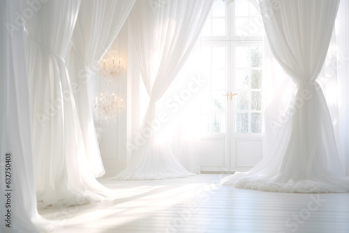 Romantic Dreamy White Interior with Sunny Windows and Curtains. Bright Warm Tones  Bridal Mock Up.