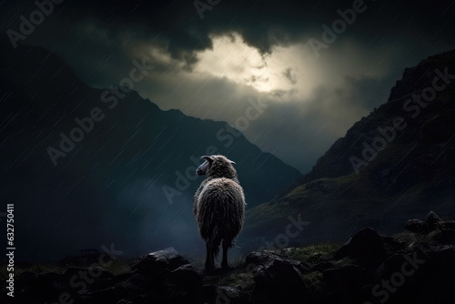 One Missing Sheep at Night in Rain. Bible Concept for Jesus Looking for Lost Sheep.