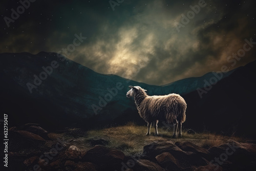 One Missing Sheep at Night. Bible Concept for Jesus Looking for Lost Sheep. photo