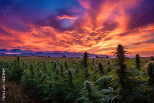 Sunset Cannabis Field. Marijuana Plants.