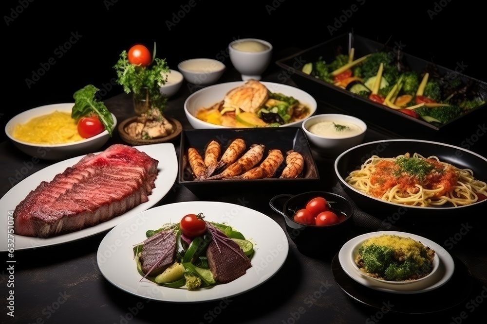 Assorted food set on table, Pasta with seafood, steak ribeye, club sandwich, turkey with black rice, salad with kinoa, tartar from beef, fried loungustine Assorted food set on table, Pasta with seafood, steak ribeye, club sandwich, turkey with black rice, salad with kinoa, tartar from beef, fried loungustine