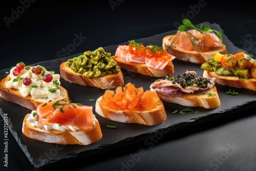 Assorted bruschetta set with salmon, parma. Italian antipasti snacks