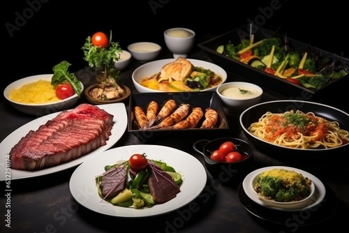 Wallpaper Mural Assorted food set on table, Pasta with seafood, steak ribeye, club sandwich, turkey with black rice, salad with kinoa, tartar from beef, fried loungustine Torontodigital.ca