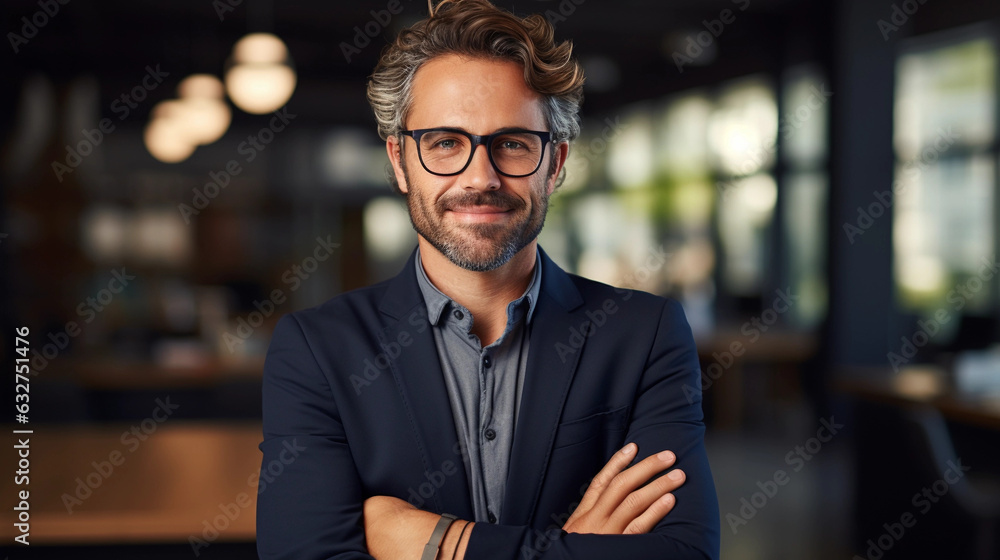 Obraz premium Happy middle aged business woman ceo standing in office arms crossed.